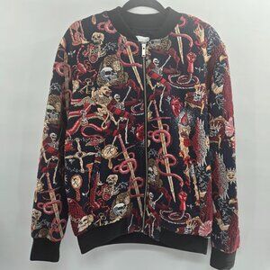 Zara Navy Blue Skeleton Embroidered Jacquard Bomber Jacket Size Large